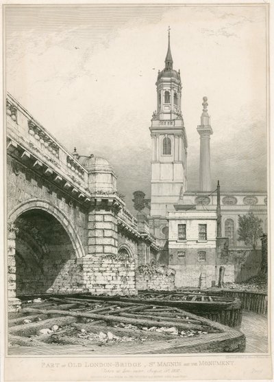 En del av Old London Bridge, St Magnus og monumentet av Edward William Cooke