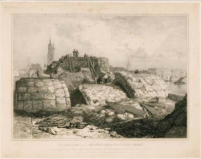 En del av Old London Bridge slik den så ut i juni 1832 av Edward William Cooke