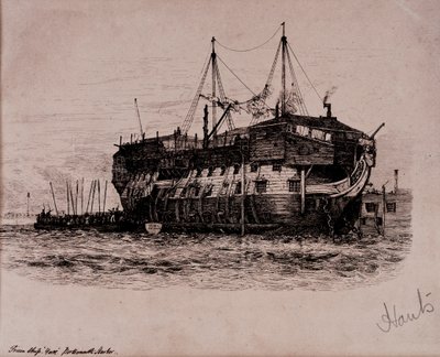 Fangeskipet «York» i Portsmouth havn av Edward William Cooke