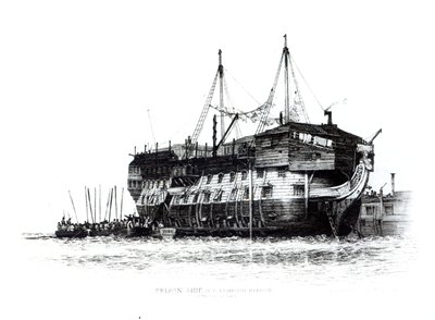 Fengselsskip i Portsmouth havn: straffedømte går om bord, 1828 av Edward William Cooke