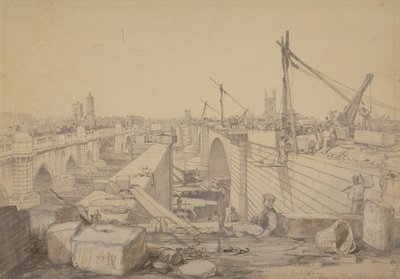 Byggingen av London Bridge, 1830 av Edward William Cooke