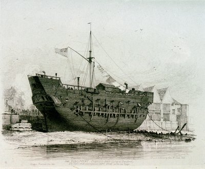 Fangskipet «Discovery» (som ligger i Deptford), fartøyet som fulgte kaptein Cook på hans siste reise av Edward William Cooke