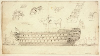 «Dreadnought» utenfor Greenwich, ca. 1830 (grafitt) av Edward William Cooke