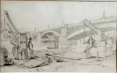 Utsikt over Southwark Bridge og Themsen fra Bankside, med to boretårn i forgrunnen av Edward William Cooke