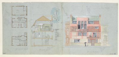 Forhøyning og seksjon for hus og studio for Frank Miles (1852-91), Tite Street, Chelsea, 1878-79 (wc og blyant på papir) (se også 176481-482, 176484-485) av Edward William Godwin