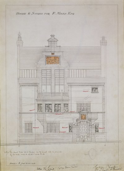Arbeidstegning for House and Studio for F. Miles Esq, Tite Street, Chelsea, 1878-79 (wc og blyant på papir) (se også 176481, 176483-485) av Edward William Godwin