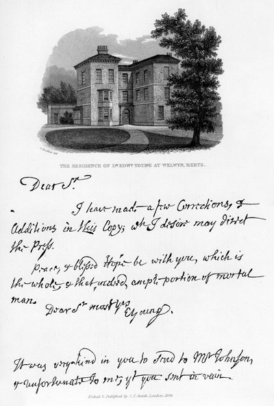 Et brev fra Edward Young, og en utsikt over hans bolig i Welwyn, Hertfordshire, 1740-tallet, 1840 av Edward Young