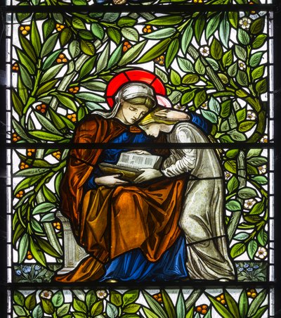Nun Monkton, St Mary, Morris Marshall & Faulkner & Co, William Morris, Edward Burne-Jones, Mary & Jesus Reading, 1873 av Edward and Morris Burne Jones