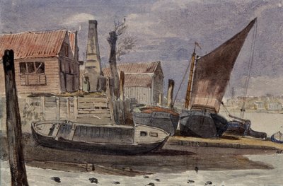 Battersea, elvebredden med båter av Edward attr. to Bragg