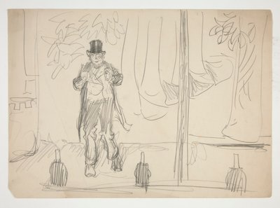 Tegneserie av en skuespiller på scenen(?) - uidentifisert illustrasjon av Edwin Austin Abbey