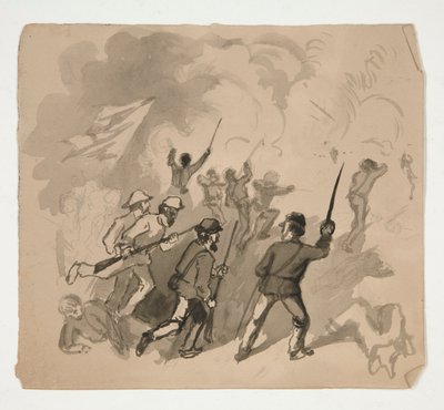Borgerkrigskampscene (recto); Uidentifisert illustrasjon av mann i en skog (verso) av Edwin Austin Abbey