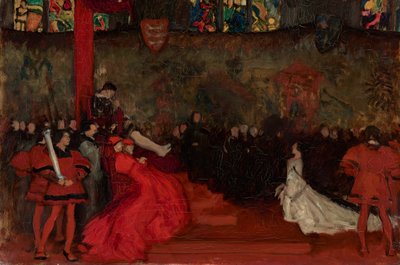 Komposisjonsstudie, for rettssaken mot dronning Katharine, Henry VIII, akt II, scene IV av Edwin Austin Abbey