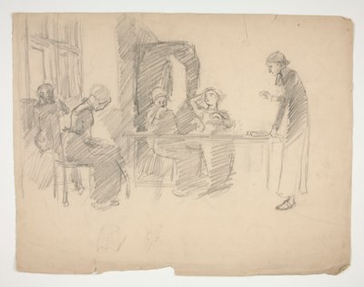 Tidlig studie for Stony Ground 1884, interiør med figurer av Edwin Austin Abbey