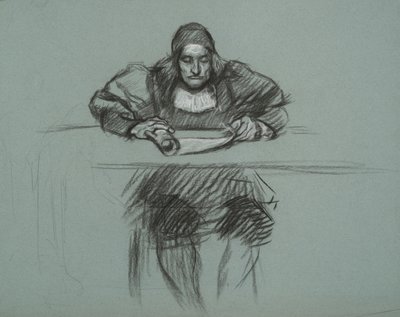 Figur for rettssaken mot dronning Katherine. kontorist ved pulten av Edwin Austin Abbey
