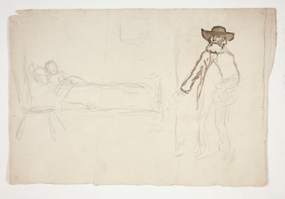 Figur i seng, mann som kommer inn i rommet - uidentifisert illustrasjon av Edwin Austin Abbey