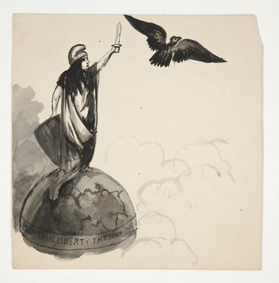 Frihetsfigur stående på jordkloden med ørn (recto); Conestoga Wagon in Landscape (verso) av Edwin Austin Abbey