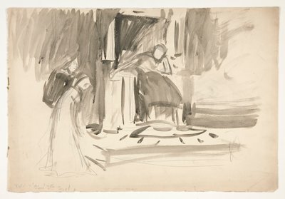 Figur på tronen, flankert av to figurer, skisse for et uidentifisert Shakespeare-skuespill av Edwin Austin Abbey