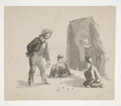 Fire gutter som spiller klinkekuler (recto); Uidentifisert illustrasjon av gutt ved staffeli i interiøret (verso) av Edwin Austin Abbey
