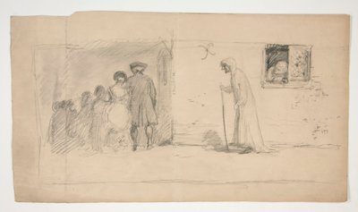Gruppe av figurer utenfor steinhus - uidentifisert illustrasjon av Edwin Austin Abbey