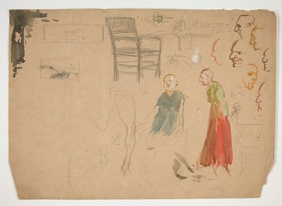 Hode- og figurstudier, og studie av en stol (recto); Skisser for bokillustrasjoner (verso) av Edwin Austin Abbey
