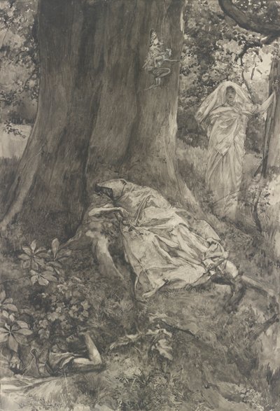 Hermia in the Wood, illustrasjon for akt III, Scene ii, En midtsommernatt av Edwin Austin Abbey