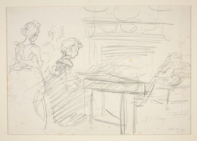 Interiørscene: kvinne ved piano og familie - uidentifisert illustrasjon av Edwin Austin Abbey