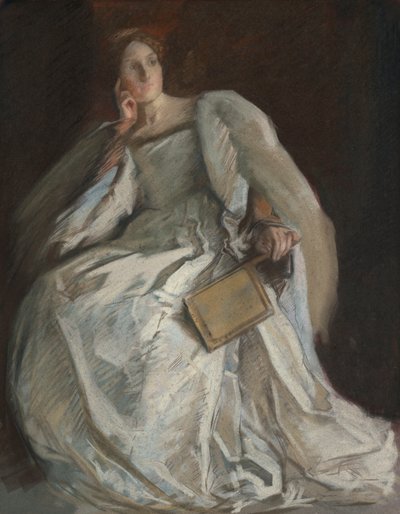 Dame i hvitt sittende. Høyre hånd til hake. Holdevifte. av Edwin Austin Abbey