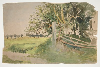 Landskap med trær og ødelagt gjerde av Edwin Austin Abbey