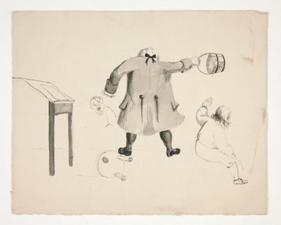 Mann svingende bøtte på to gutter (recto); To menn bak en vegg (verso) av Edwin Austin Abbey