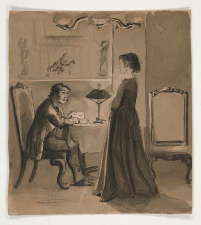 Mann og kvinne i et interiør - uidentifisert illustrasjon av Edwin Austin Abbey