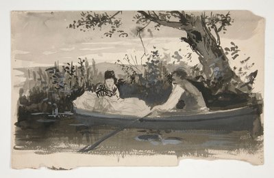 Mann og kvinne i robåt, nær elvebredden - uidentifisert illustrasjon av Edwin Austin Abbey