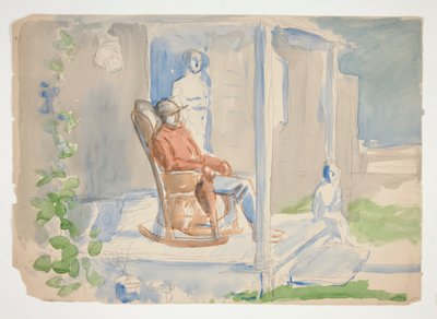 Mann i gyngestol på verandaen med sin kone og barn - uidentifisert illustrasjon av Edwin Austin Abbey