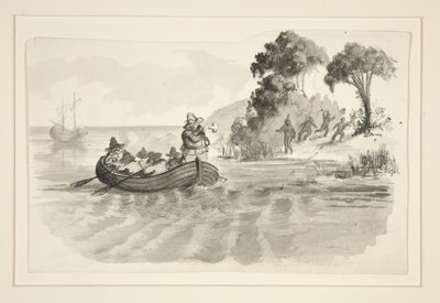 Menn i robåt som flykter fra indianere på land - uidentifisert illustrasjon (Columbus oppdager den nye verdenen?) - oppdagelsesreisende som lander i den nye verdenen av Edwin Austin Abbey
