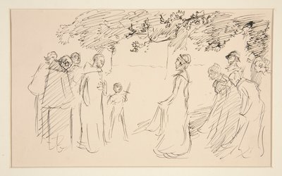 Folk i middelalderdrakt, utenfor - uidentifisert illustrasjon av Edwin Austin Abbey