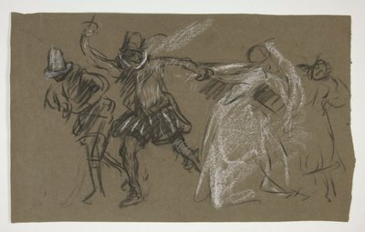Petruchio trekker Katharina, fra Taming of the Shrew (recto); Skisse av sittende figur (verso) av Edwin Austin Abbey
