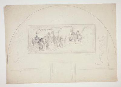 Planlegg for installasjon av et av The Quest of the Holy Grail-veggmalerier på Boston Public Library av Edwin Austin Abbey