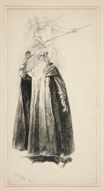 Prospero og Ariel, illustrasjon for Act V, Scene i, The Tempest av Edwin Austin Abbey