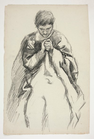 Kledd figur, ber: studer for veggmaleriet The Quest of the Holy Grail ved Boston Public Library av Edwin Austin Abbey