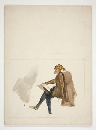 Sittende ung mann i brun kappe, leser - uidentifisert illustrasjon av Edwin Austin Abbey