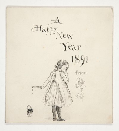 Skisse for et gratulasjonskort: Godt nytt år 1891 fra MGA og EAA av Edwin Austin Abbey