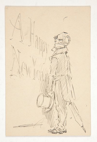 Skisse for et gratulasjonskort: Godt nytt år; studie av en mann som leser et skilt av Edwin Austin Abbey