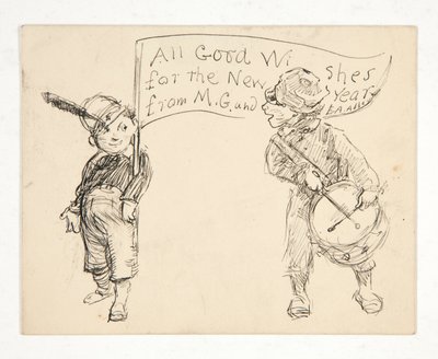 Skisse til et gratulasjonskort: Alle gode ønsker for det nye året fra M.G. og E.A. Abbey av Edwin Austin Abbey