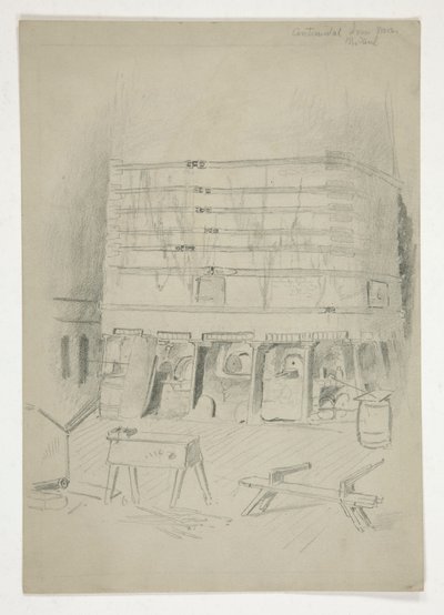 Skisse av Continental Iron Works(?) [industrielt interiør] av Edwin Austin Abbey