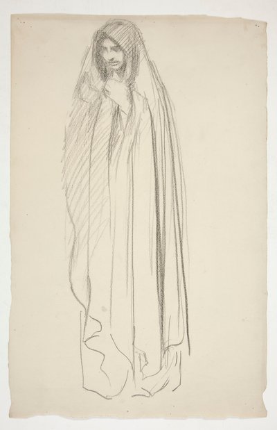 Skisse av en kvinneskikkelse med kappe for Three Marys at the Cross av Edwin Austin Abbey