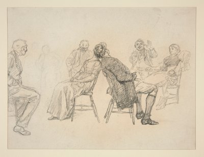 Skisse av et par som spiller et spill, omgitt av tilskuere, i et interiør (?) - uidentifisert illustrasjon av Edwin Austin Abbey