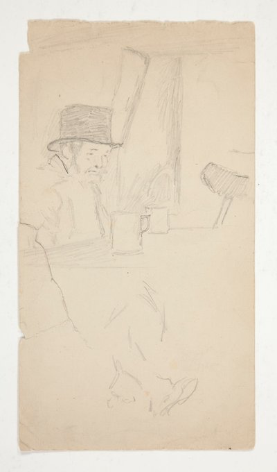 Skisse av en forkrøplet mann som sitter ved bordet i baren av Edwin Austin Abbey