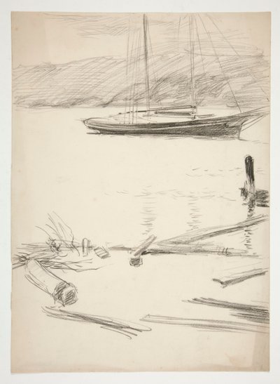 Skisse av brygge og seilbåt av Edwin Austin Abbey