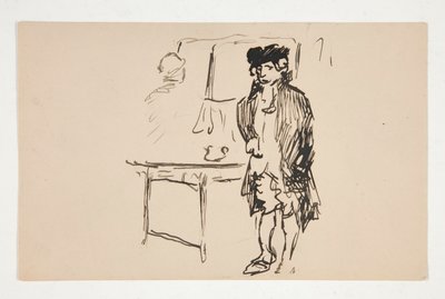 Skisse av en mann i revolusjonær kjole ved siden av et bord av Edwin Austin Abbey