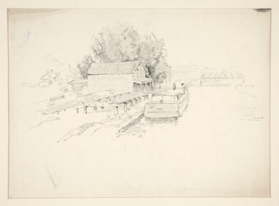 Skisse av en brygge, med fiskebåt og kaibutikk av Edwin Austin Abbey