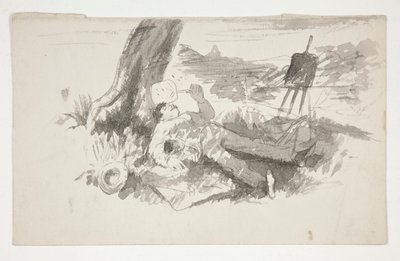 Skisse av en friluftsmaler som tar en lur under et tre - uidentifisert illustrasjon av Edwin Austin Abbey
